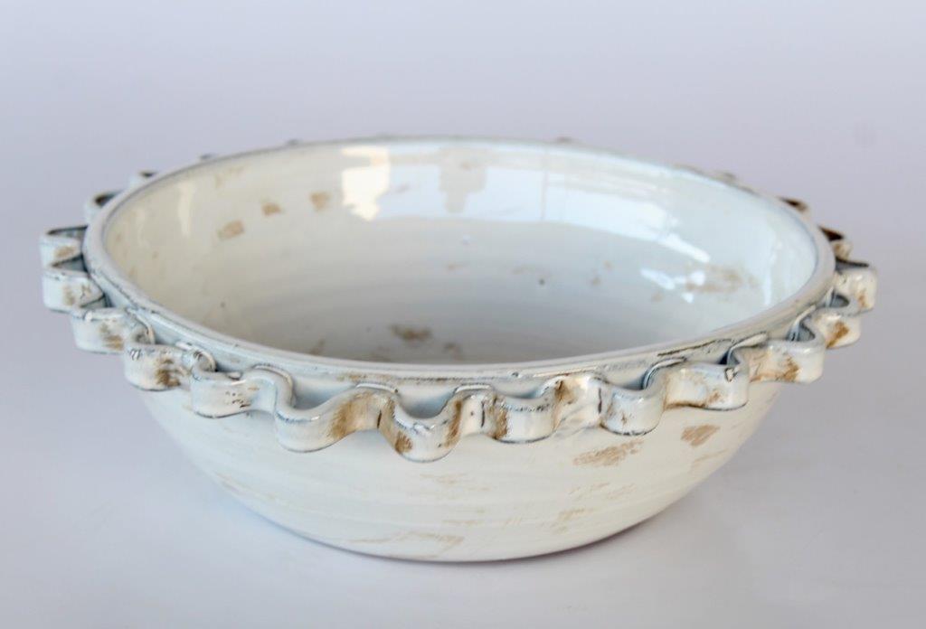 Large White Ceramic Bowl Frill Edge